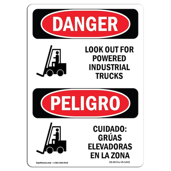 Signmission OSHA Danger, Look Out Industrial Trucks Bilingual, 10in X 7in Alum, 7" W, 10" L, Bilingual Spanish - OS-DS-A-710-VS-1441