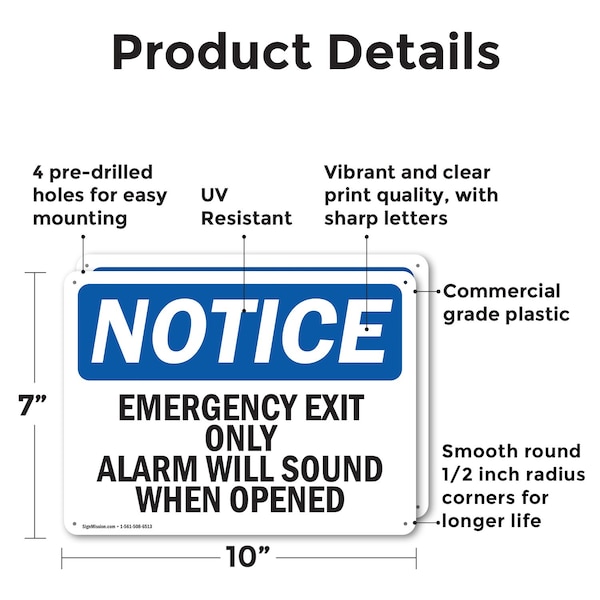 Signmission Exit Sign, Plastic, 10 in W, 7 in H, Emergency Exit Only Alarm Will Sound When Opened - OS-2PACK-NS-P-710-L-11813