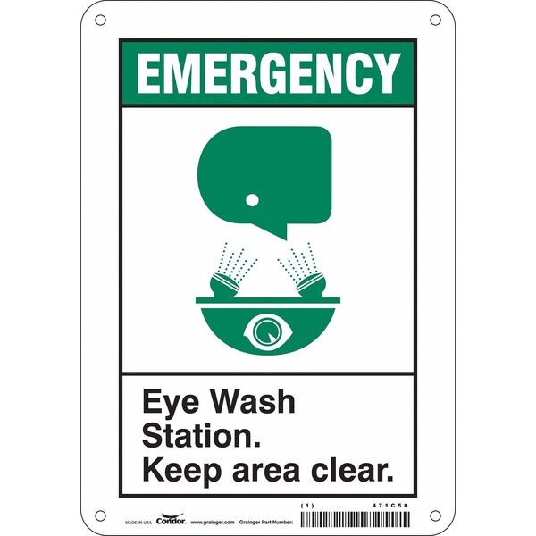 Condor Emergency, Eye Wash Station. Keep Area Clear., 7 in W x 10 in H, Horizontal Rectangle, Polyethylene - 471C50