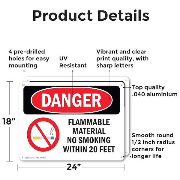 Signmission Flammable Material No Smoking Within 20 Feet Danger Sign, Aluminum, 24in W x 18in L, 2PK - OS-2PACK-DS-A-1824-L-1248
