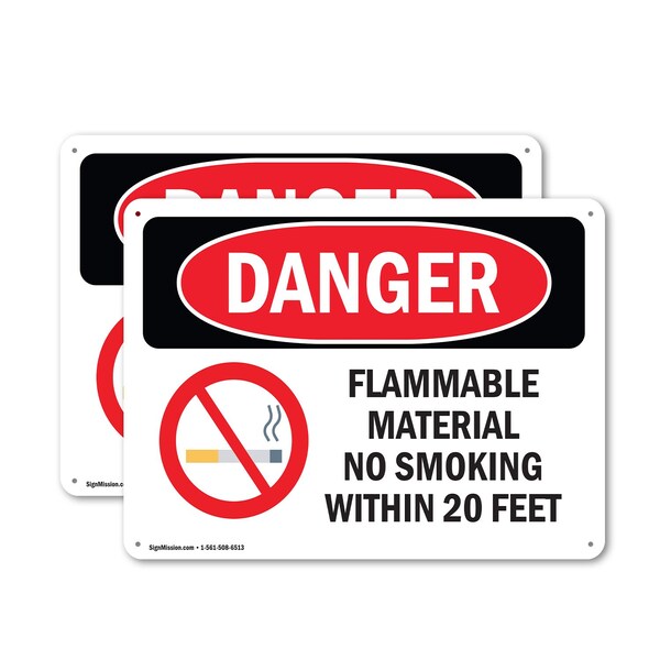 Signmission Flammable Material No Smoking Within 20 Feet Danger Sign, Aluminum, 24in W x 18in L, 2PK - OS-2PACK-DS-A-1824-L-1248