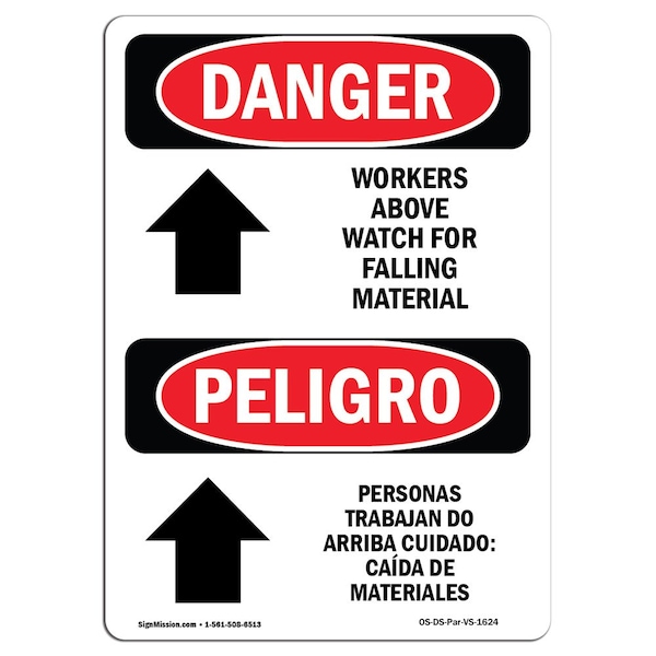 Signmission Safety Sign, OSHA Danger, 14" Height, Aluminum, Workers Above Falling Material Bilingual Spanish - OS-DS-A-1014-VS-1624