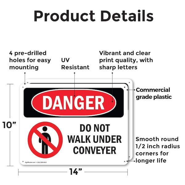 Signmission Do Not Walk Under Conveyor Danger Sign, Plastic, 14in W x 10in L, 2PK - OS-2PACK-DS-P-1014-L-1182