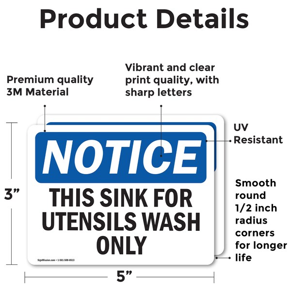 Signmission This Sink For Utensil Wash Only, 5 in W x Rectangle, Vinyl Decal - OS-2PACK-NS-D-35-L-16709