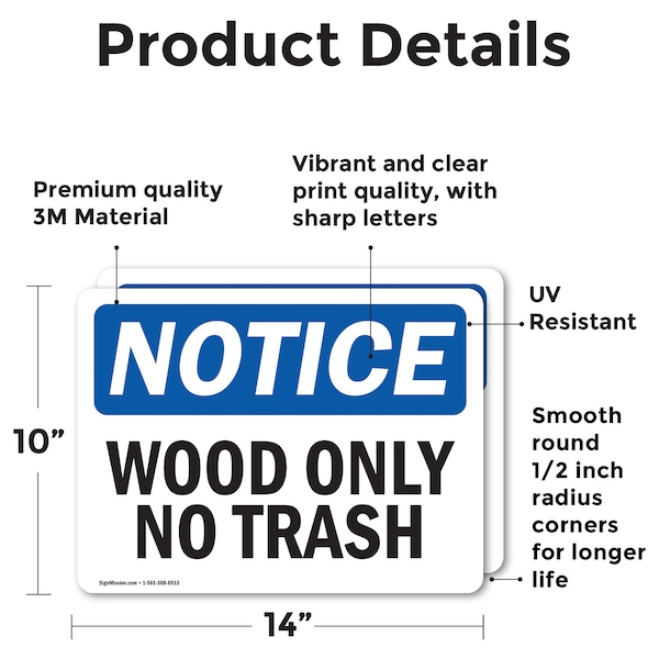 Signmission Wood Only No Trash, 14 in W x Rectangle, Vinyl Decal - OS-2PACK-NS-D-1014-L-19065