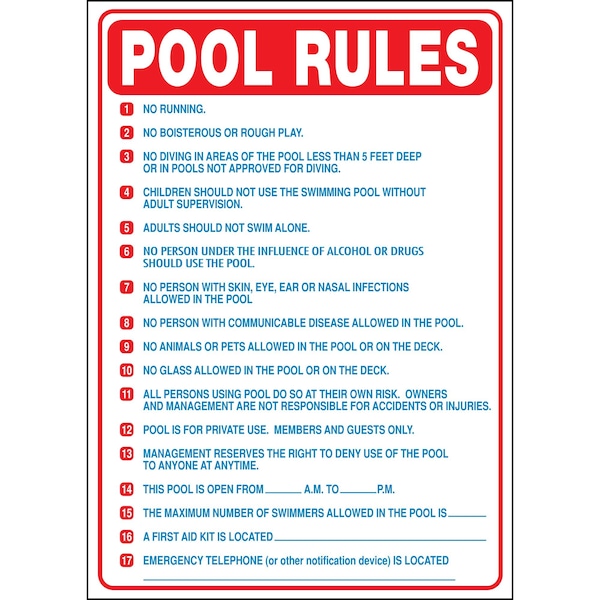 Hy-Ko Pool Rules (North Carolina) Sign 20" x 28", 5PK - A20413