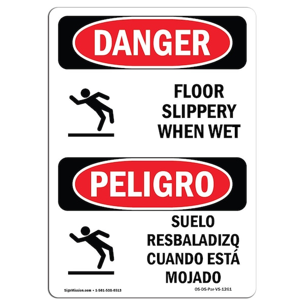 Signmission OSHA Sign, Floor Slippery When Wet Bilingual, 14in X 10in Decal, 10" W, 14" H, Bilingual Spanish - OS-DS-D-1014-VS-1261