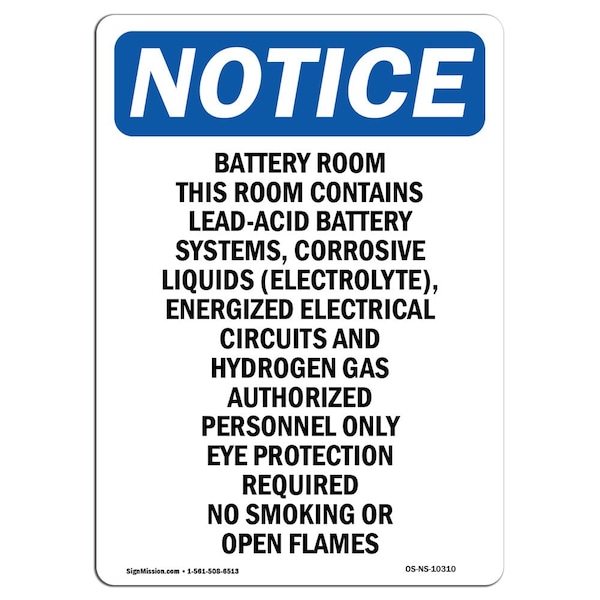 Signmission Safety Sign, OSHA Notice, 24" Height, Aluminum, Battery Room This Room Contains Sign, Portrait - OS-NS-A-1824-V-10310