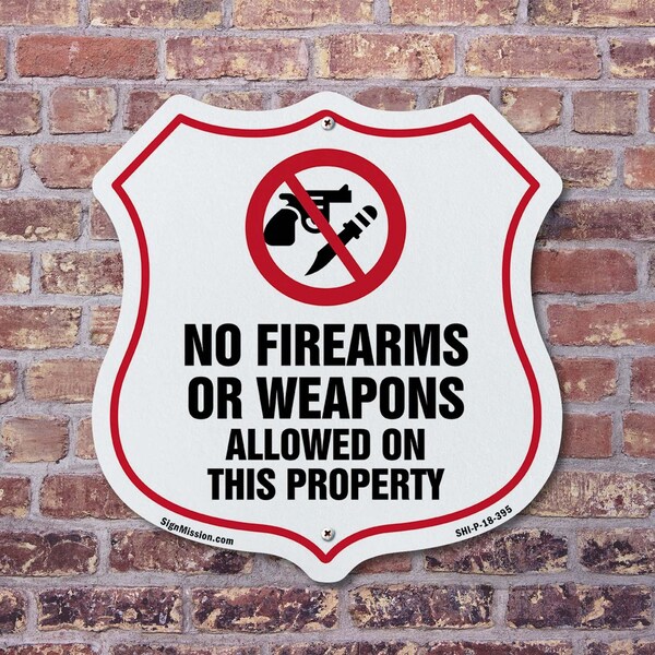 Signmission No Guns Shield Sign No Firearms Or Weapo, 12 Inch X 12 Inch, Aluminum Metal Sign - SHI-A-12-395