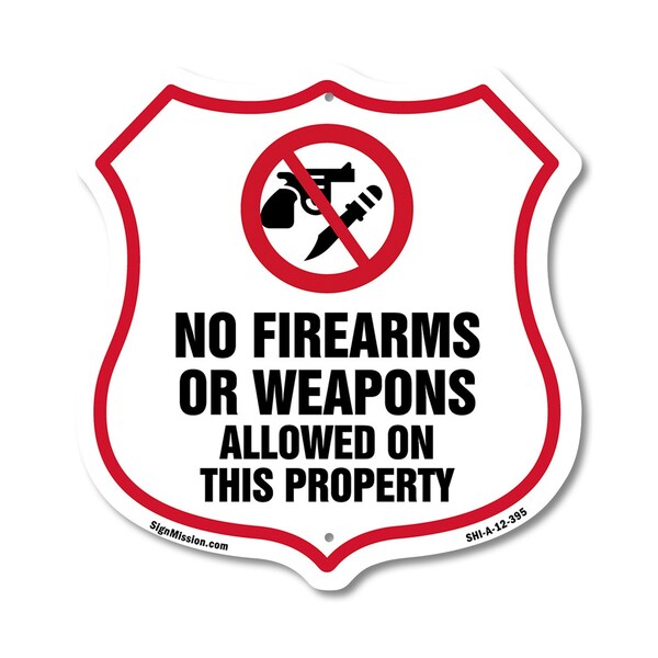 Signmission No Guns Shield Sign No Firearms Or Weapo, 12 Inch X 12 Inch, Aluminum Metal Sign - SHI-A-12-395
