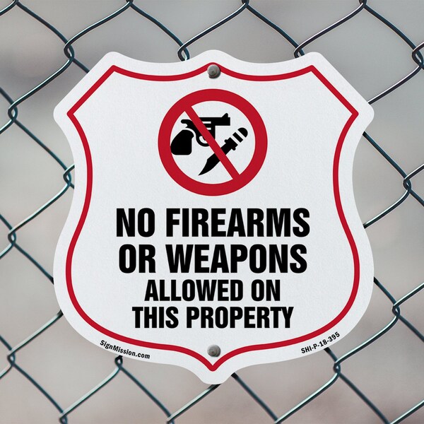 Signmission No Guns Shield Sign No Firearms Or Weapo, 12 Inch X 12 Inch, Aluminum Metal Sign - SHI-A-12-395