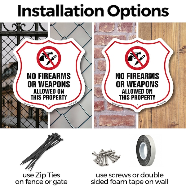 Signmission No Guns Shield Sign No Firearms Or Weapo, 12 Inch X 12 Inch, Aluminum Metal Sign - SHI-A-12-395