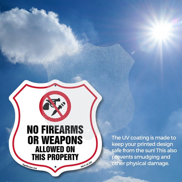 Signmission No Guns Shield Sign No Firearms Or Weapo, 12 Inch X 12 Inch, Aluminum Metal Sign - SHI-A-12-395