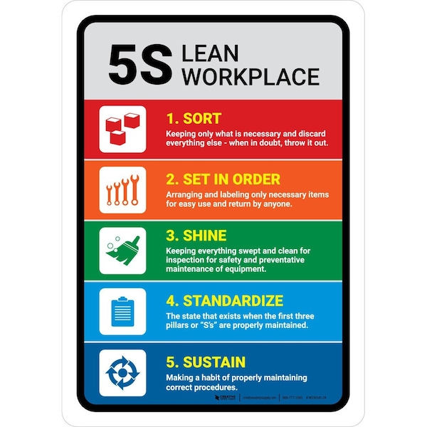 Creative Safety Supply 5S Lean Workplace Portrait, Wall Sign, 10in x 7in, Mounted To PVC Signboard - WS30541-10