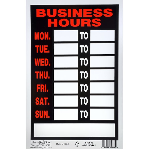Hillman Business Hours, 12 in W x 8 in H, Plastic - 839888