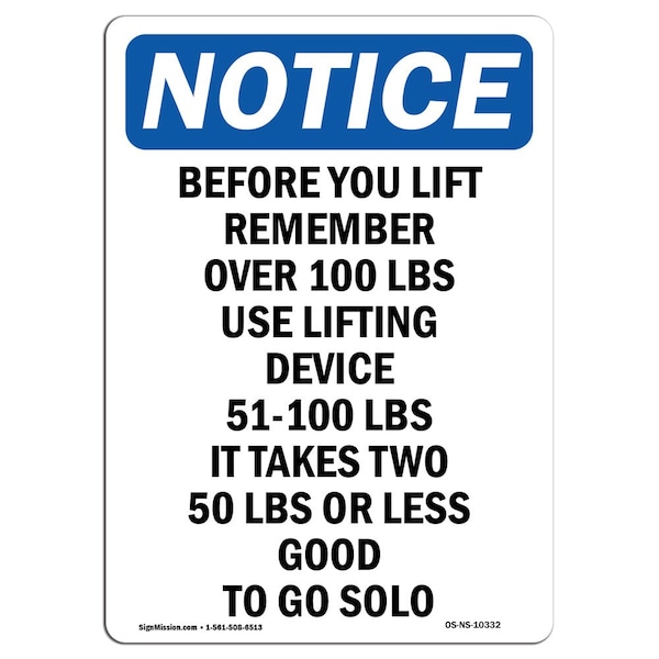 Signmission Safety Sign, OSHA Notice, 14" Height, Aluminum, Before You Lift Remember Over Sign, Portrait - OS-NS-A-1014-V-10332