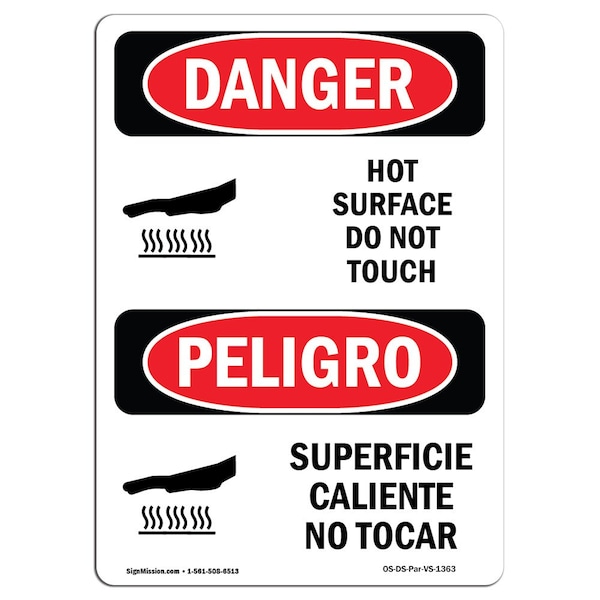 Signmission OSHA Sign, Hot Surface Do Not Touch Bilingual, 5in X 3.5in Decal, 10PK, 3.5" W, 5" H, Spanish, PK10 - OS-DS-D-35-VS-1363-10PK