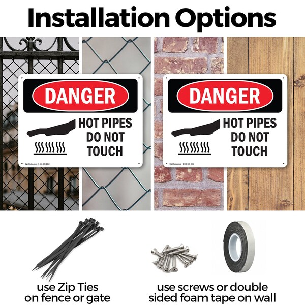 Signmission Hot Surface Sign, 10 in H x 14 in W, Aluminum, Hot Pipes Do Not Touch - OS-2PACK-DS-A-1014-L-1362