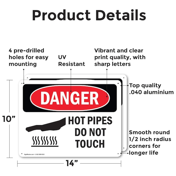 Signmission Hot Surface Sign, 10 in H x 14 in W, Aluminum, Hot Pipes Do Not Touch - OS-2PACK-DS-A-1014-L-1362