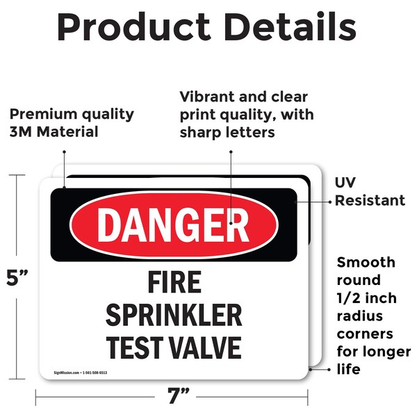 Signmission Fire Sprinkler Test Valve Danger Sign, Vinyl Decal, 7in W x 5in L, 2PK - OS-2PACK-DS-D-57-L-2384