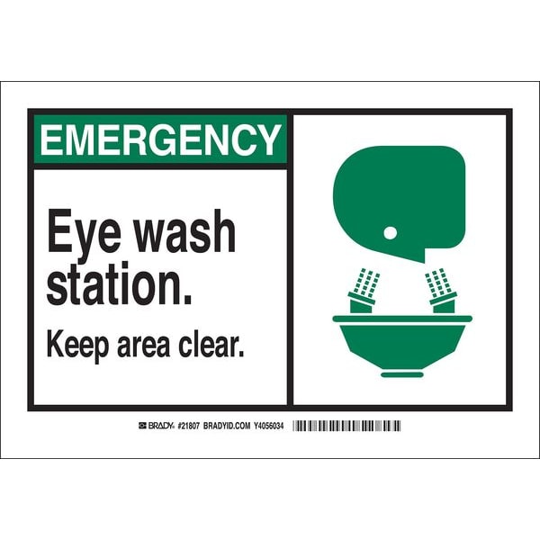 Brady Emergency, Eye Wash Station. Keep Area Clear., 14 in W x 10 in H, Rectangle, Polyester, 122612 - 122612