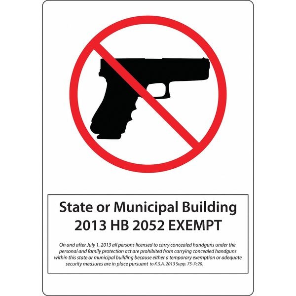 Zing Kansas Municipal Concealed Carry Sign, 14 in Height, 10 in Width, Plastic, Vertical Rectangle - 2801