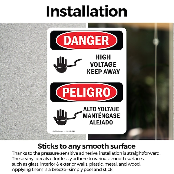 Signmission High Voltage Keep Away Bilingual Danger Sign, Vinyl Decal, 3.5in W x 5in L, 2PK - OS-2PACK-DS-D-35-VS-1344