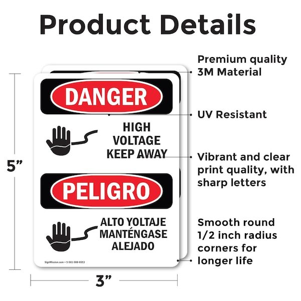 Signmission High Voltage Keep Away Bilingual Danger Sign, Vinyl Decal, 3.5in W x 5in L, 2PK - OS-2PACK-DS-D-35-VS-1344