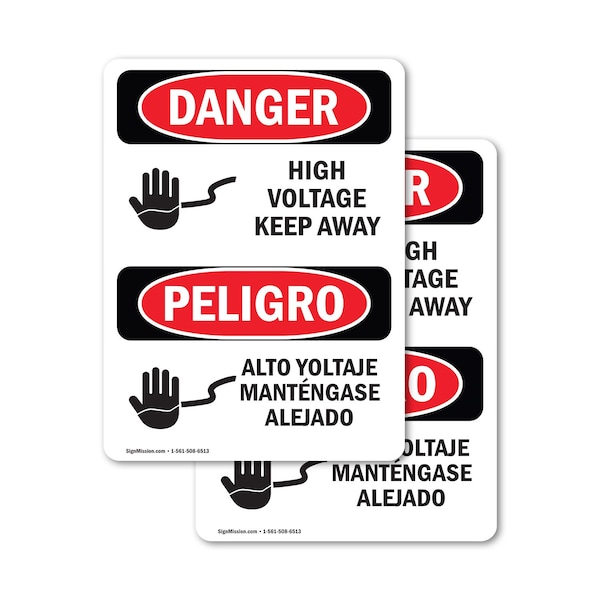 Signmission High Voltage Keep Away Bilingual Danger Sign, Vinyl Decal, 3.5in W x 5in L, 2PK - OS-2PACK-DS-D-35-VS-1344