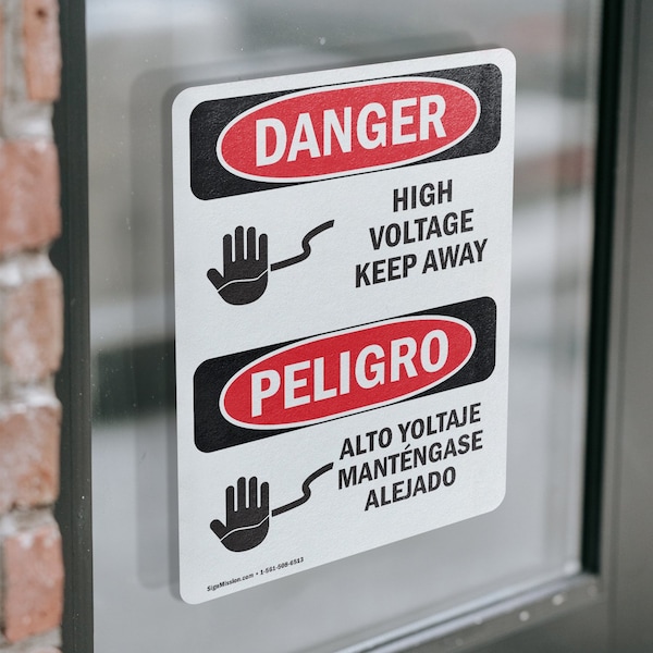 Signmission High Voltage Keep Away Bilingual Danger Sign, Vinyl Decal, 3.5in W x 5in L, 2PK - OS-2PACK-DS-D-35-VS-1344