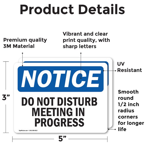Signmission Do Not Disturb Meeting In Progress, 5 in W x Rectangle, Vinyl Decal - OS-2PACK-NS-D-35-L-11145