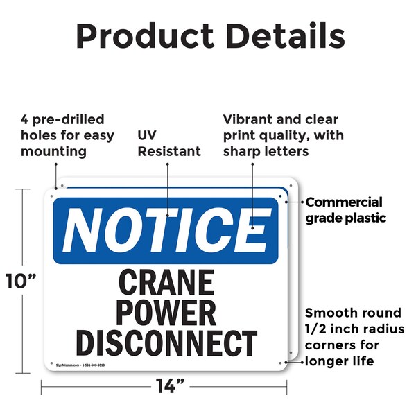 Signmission Crane Power Disconnect, 14 in W x Rectangle, Plastic - OS-2PACK-NS-P-1014-L-15378