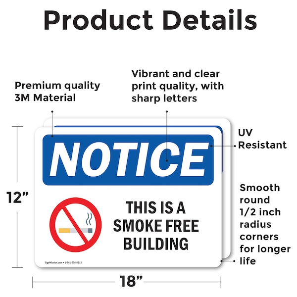 Signmission This Is A Smoke Free Building OSHA Notice Sign, Vinyl Decal, 18in W x 12in L, 2PK - OS-2PACK-NS-D-1218-L-16687