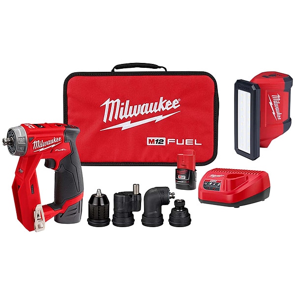 Milwaukee Tool Drill/Driver Kit and Flood Light, 12V DC, Includes Batteries (2.0 Ah) & Charger - 2505-22, 2367-20