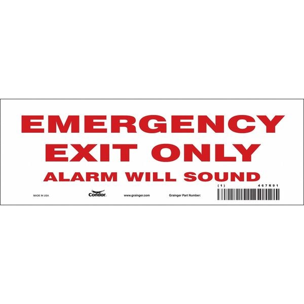 Condor Exit Sign, Vinyl, 10" W, 3-1/2" H, Emergency Exit Only Alarm Will Sound, White - 467R91