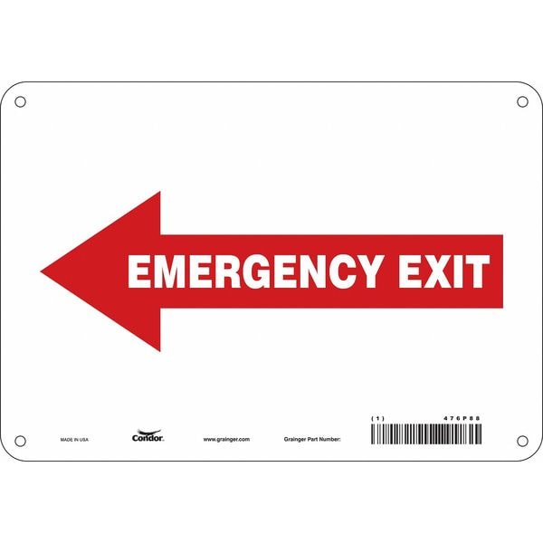 Condor Exit Sign, Plastic, 10" W, 7" H, EMERGENCY EXIT W/SYMBOL, Red - 467P88