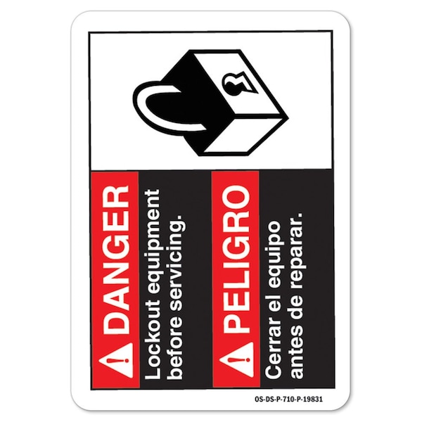 Signmission OSHA Sign, Lock Out Equipment Before Service, Spanish, 5in X 3.5in Decal, 3.5" W, 5" L, Landscape - OS-DS-D-35-L-19831
