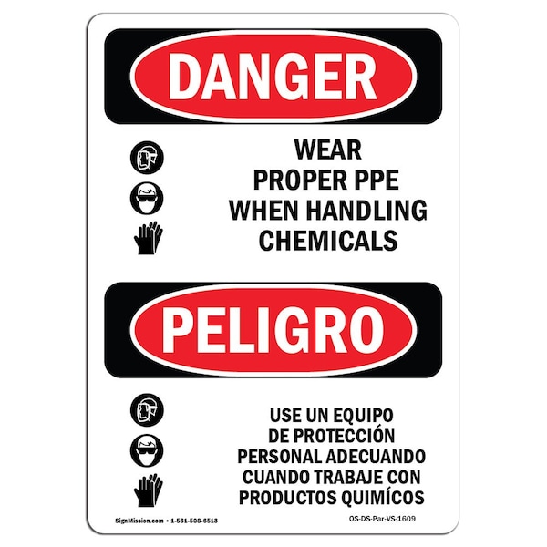 Signmission OSHA Sign, Wear PPE Handling Chemical Bilingual, 18in X 12in Decal, 12" W, 18" H, Spanish - OS-DS-D-1218-VS-1609
