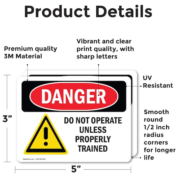 Signmission Do Not Operate Unless Properly Trained Danger Sign, Vinyl Decal, 5in W x 3.5in L, 2PK - OS-2PACK-DS-D-35-L-1156