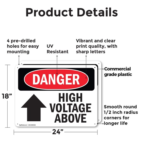 Signmission High Voltage Above Danger Sign, Plastic, 24in W x 18in L, 2PK - OS-2PACK-DS-P-1824-L-2228