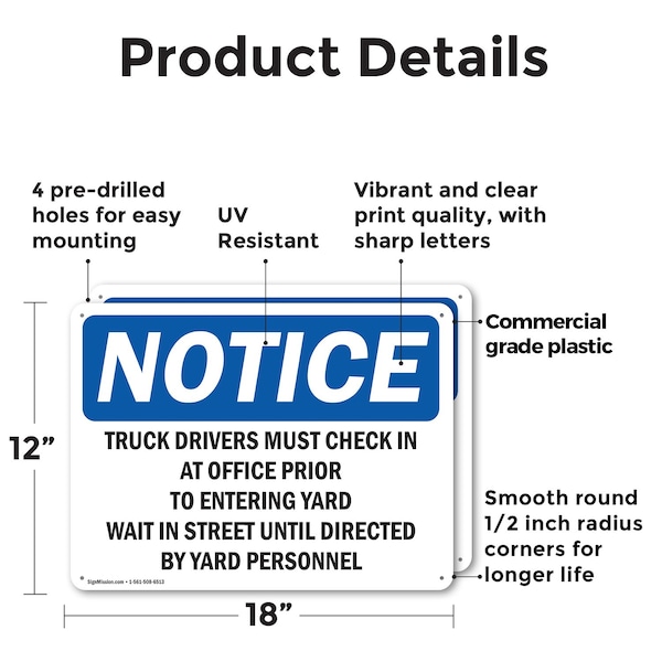 Signmission Truck Drivers Must Check In At Office Prior OSHA Notice Sign, Plastic, 18in W x 12in L, 2PK - OS-2PACK-NS-P-1218-L-18737