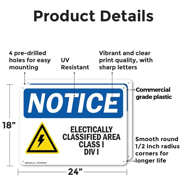 Signmission Electrically Classified Area, 24 in W x Rectangle, Plastic - OS-2PACK-NS-P-1824-L-11704