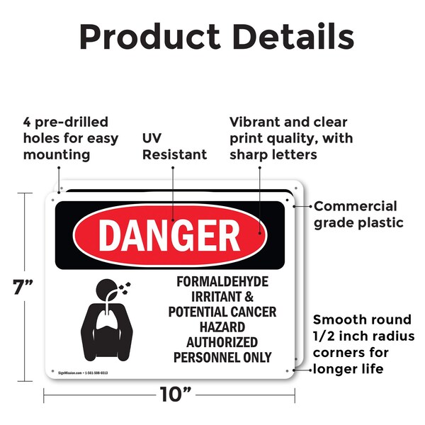 Signmission Formaldehyde Irritant Hazard Danger Sign, Plastic, 10in W x 7in L, 2PK - OS-2PACK-DS-P-710-L-1266
