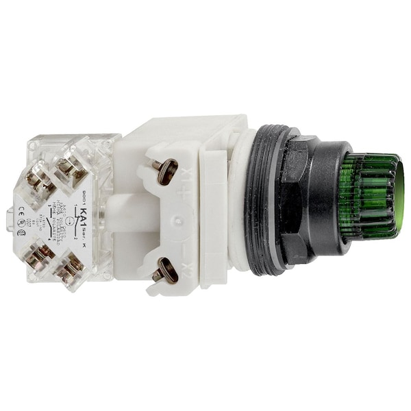 Cabezal de botón de presión iluminado Schneider Electric, Harmony 9001SK, plástico, sobresaliente, verde, 30mm, retorno por resorte, LED verde, 120V - 9001SK2L38LGG