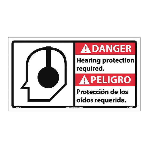 Nmc Danger Hearing Protection Required Sign, 10 in Height, 18 in Width, Pressure Sensitive Vinyl - DBA10P