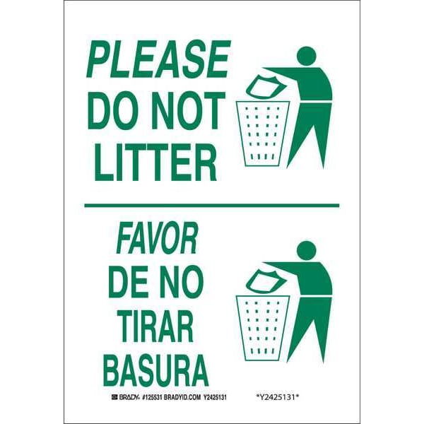 Brady Please Do Not Litter/Favor De No Tirar Basura, 7" W x 10" H, Rectangle, Plastic, 125530 - 125530
