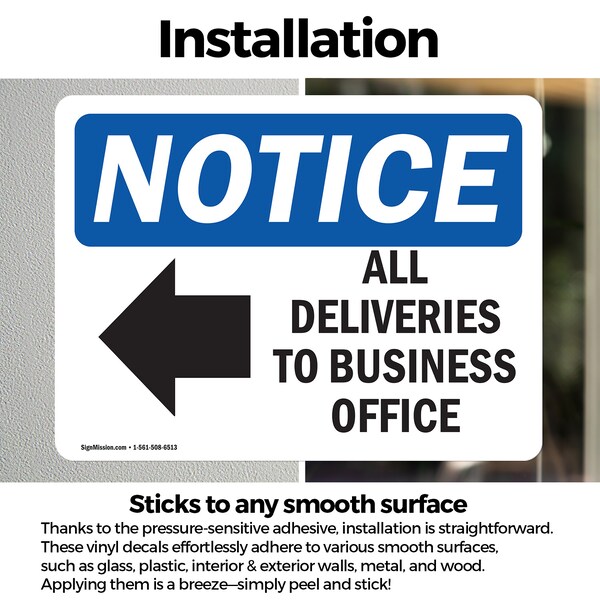Signmission All Deliveries To Business Office Sign With Symbol, 18 in W x Rectangle, Vinyl Decal - OS-2PACK-NS-D-1218-L-10094