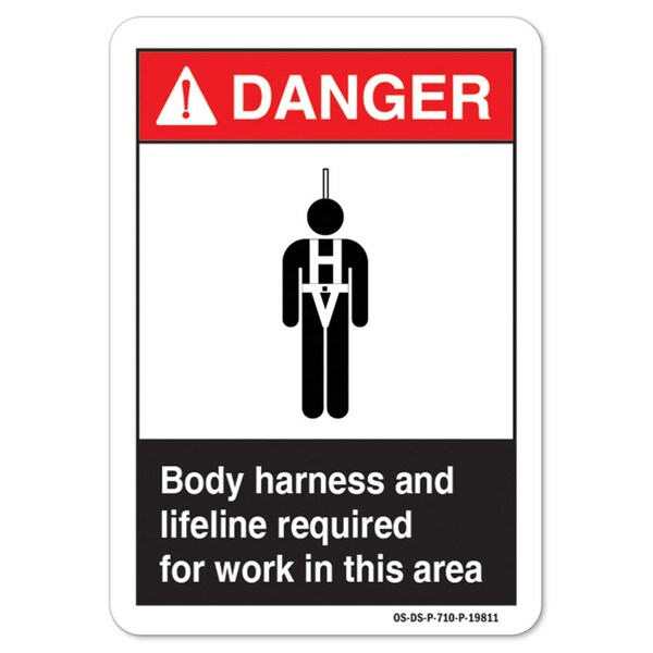 Signmission ANSI Body Harness And Lifeline Required For Work In This Area 5in X 3.5in Decal, 10PK, 19811-10PK - OS-DS-D-35-L-19811-10PK