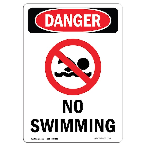 Signmission Safety Sign, OSHA Danger, 24" Height, Aluminum, No Swimming, Portrait - OS-DS-A-1824-V-1709