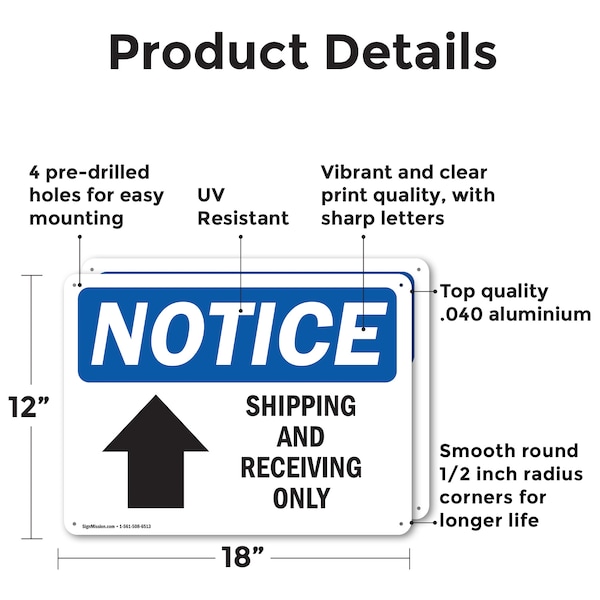 Signmission Shipping And Receiving Only [Up Arrow], 18 in W x Rectangle, Aluminum - OS-2PACK-NS-A-1218-L-18305